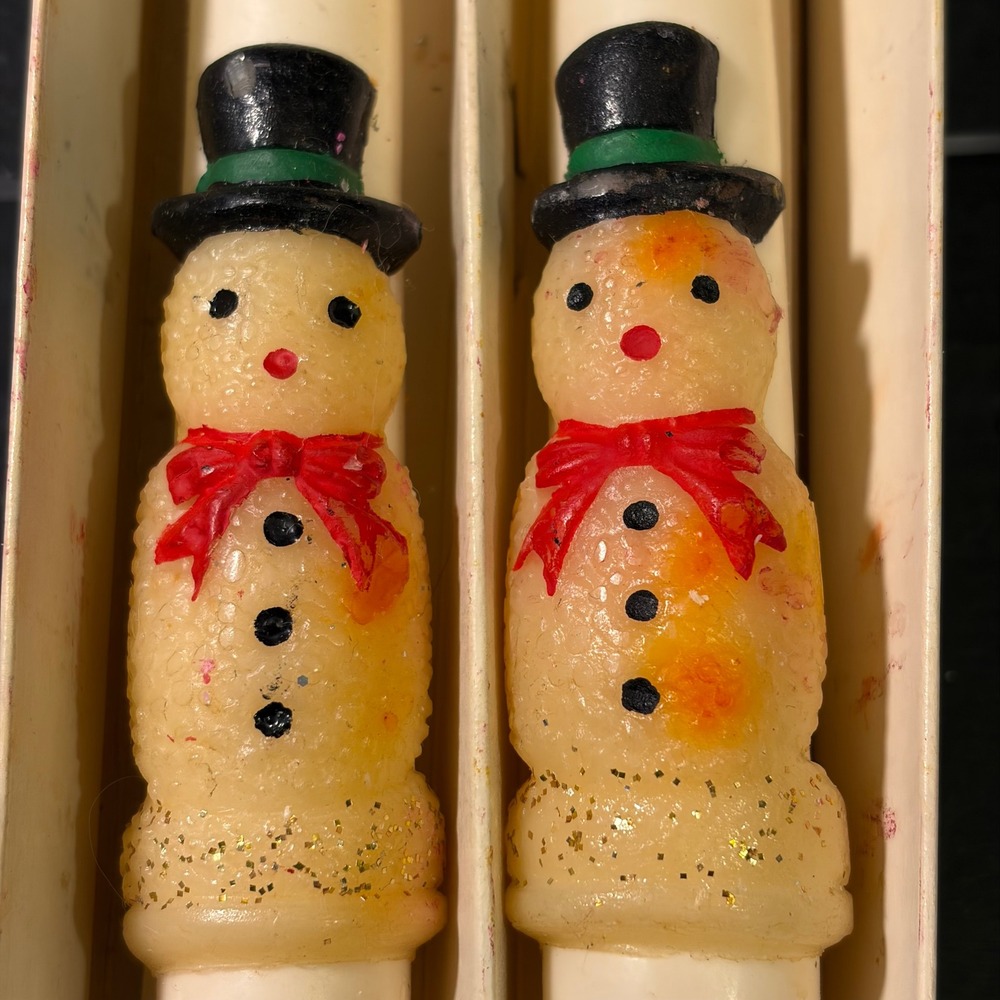 Vintage Snowman Taper Candles Pair Hand Painted Holiday Christmas Decor 12 Inch